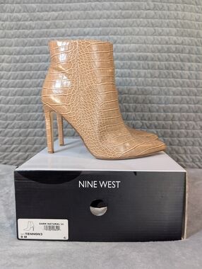 Nine West Women's Size 8 Tan Reptile Ankle Boots Used With Box 3.5" Heel